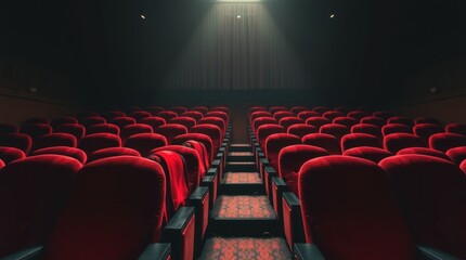 Fototapeta premium Empty cinema hall with red velvet seats illuminated by a beam of light, creating a dramatic atmosphere