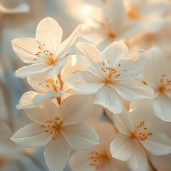 Delicate white cherry blossoms bloom softly in serene light during springtime, creating a tranquil atmosphere. Generative AI