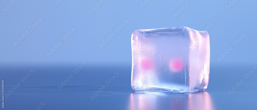 Poster close-up of an ice cube on a blue background. the ice cube is in the center of the image and is slig