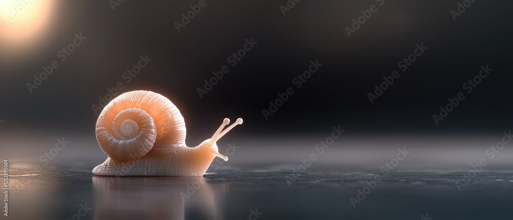 Poster close-up of a snail on a reflective surface. the snail is facing towards the right side of the image
