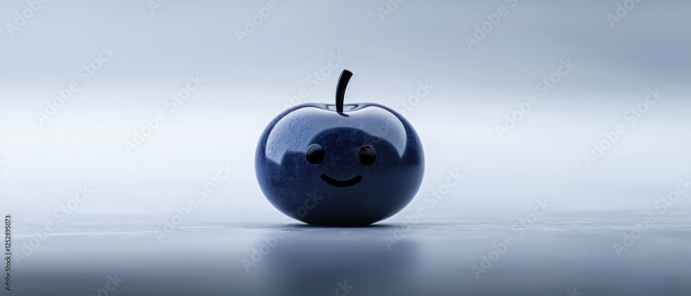 Poster 3d rendering of a blue apple with a smiley face on it. the apple is sitting on a reflective surface 