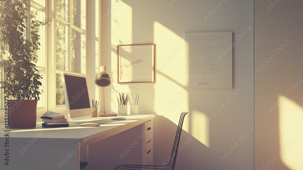 Poster create a realistic photograph of ok a minimalist workspace with scandinavian design elements, a whit