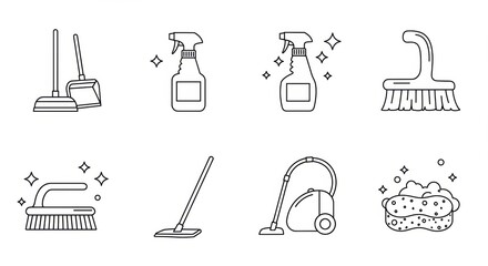 Minimalist cleaning icons: plunger, spray bottle, scrub brush, vacuum, sponge