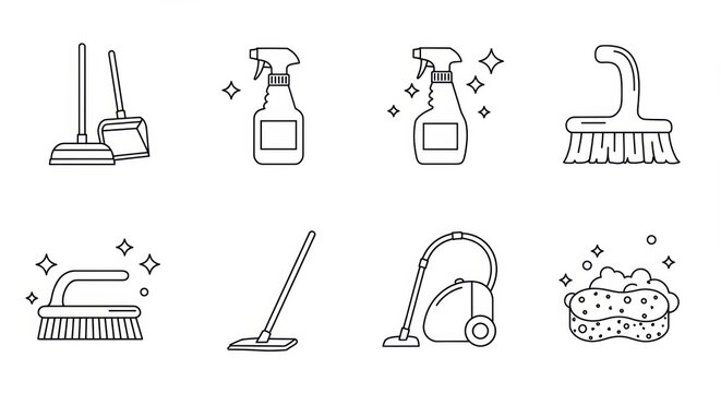 Minimalist cleaning icons: plunger, spray bottle, scrub brush, vacuum, sponge