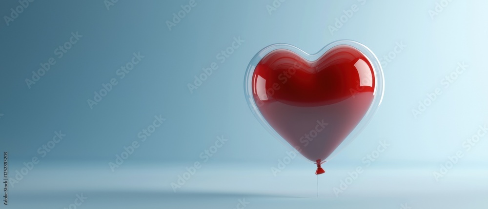 Poster 3d rendering of a red heart-shaped balloon. the balloon is transparent and appears to be floating in