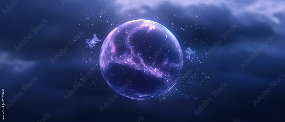 Poster digital illustration of a sphere floating in the sky. the sphere is spherical and appears to be made