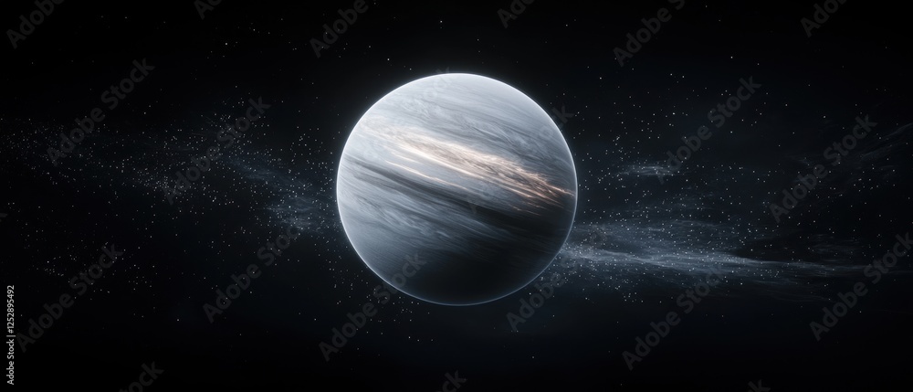 Poster digital illustration of a planet in outer space. the planet is in the center of the image, with a da