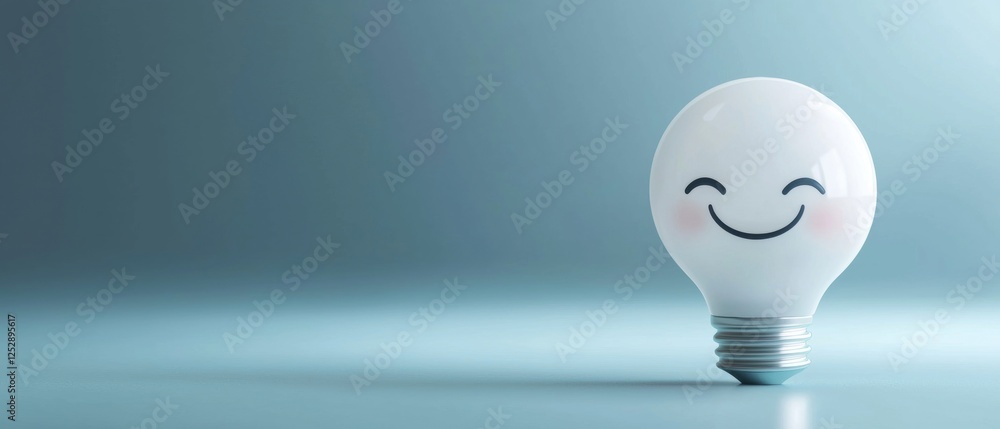 Poster 3d rendering of a light bulb with a smiley face on it. the light bulb is white and has a round shape