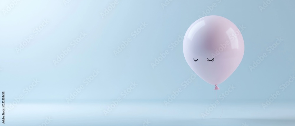 Poster 3d rendering of a pink balloon floating in a light blue background. the balloon is round and has a s