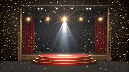 Spotlight on Red Carpet with Golden Confetti Falling Down