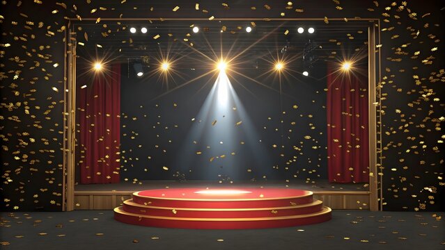 Spotlight on Red Carpet with Golden Confetti Falling Down