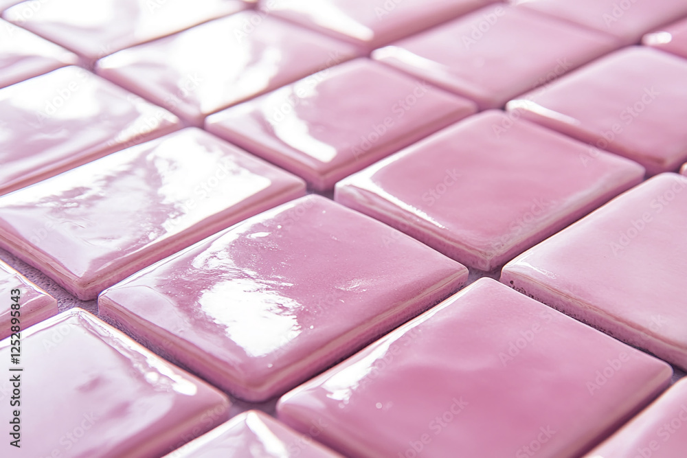 Poster close-up of shiny pink ceramic tiles arranged in a pattern, reflecting light on their glossy surface