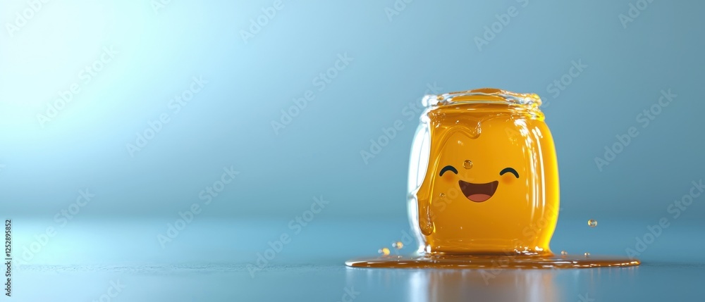 Poster 3d rendering of a small glass jar with a smiley face on it. the jar is filled with a golden-colored 