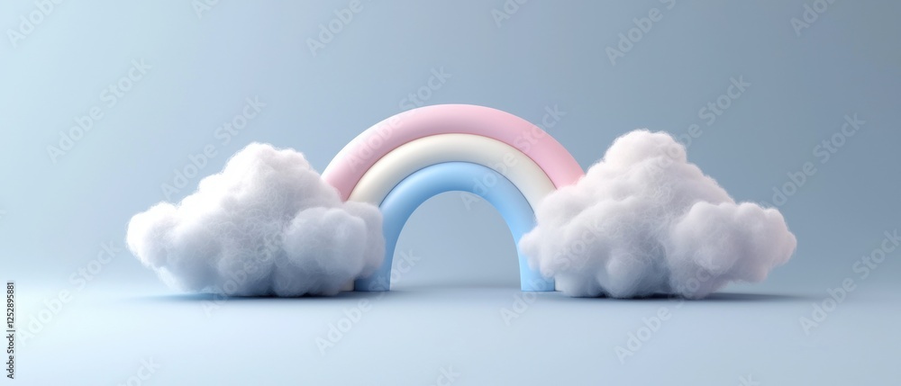Poster 3d rendering of a rainbow arch made of three white clouds. the rainbow is in the center of the image