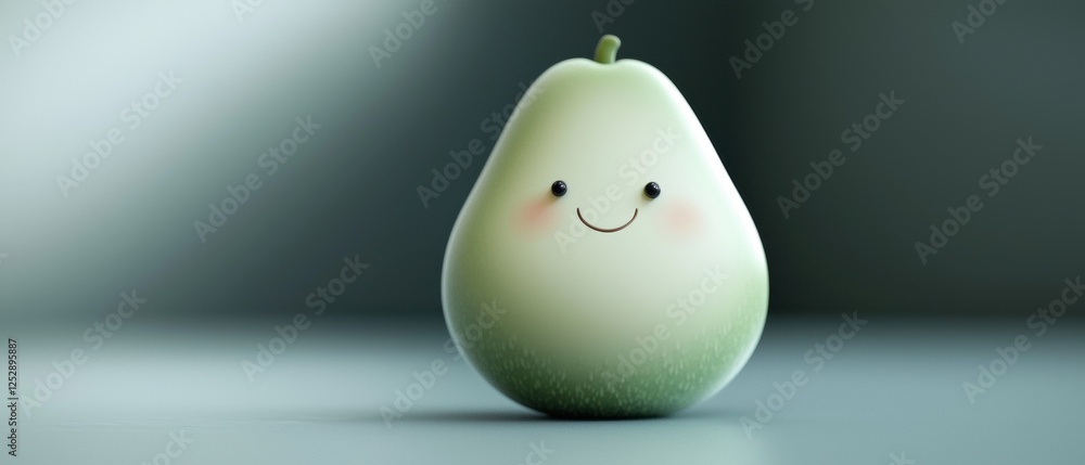 Poster 3d rendering of a small, light green pear with a small smiley face on its face. the pear is standing