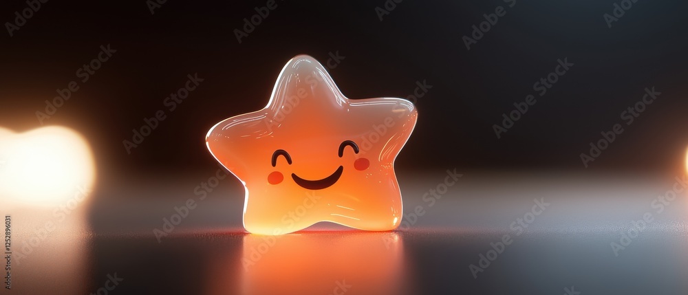 Poster close-up of a small, orange-colored star-shaped object with a smiley face on it. the star appears to