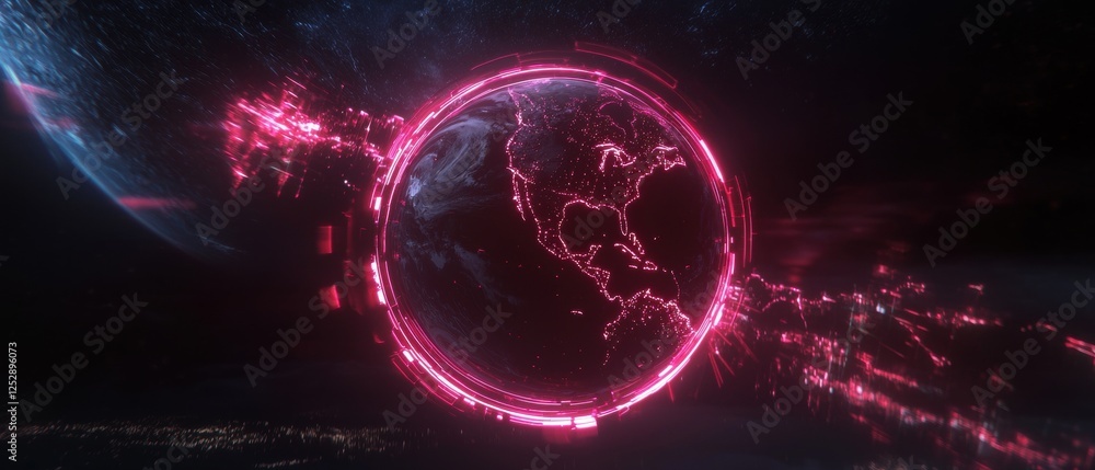 Poster digital illustration of a planet in the center of a circular frame. the planet is surrounded by a pi