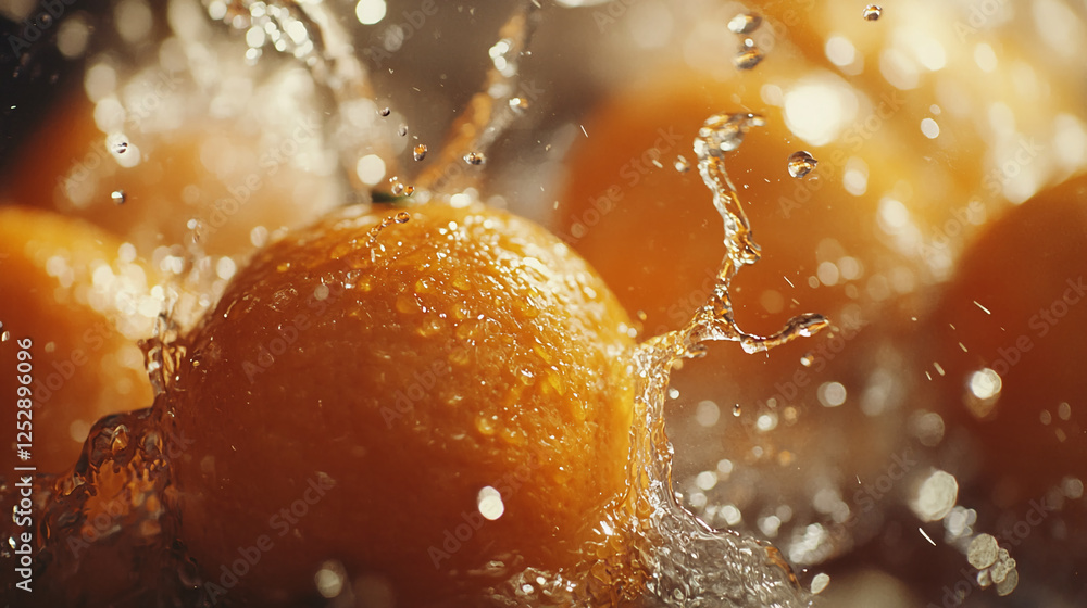 Aufkleber close-up of oranges splashing into water, creating a dynamic, refreshing scene that showcases vitali