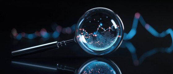 Close-up of a magnifying glass with a blue and red line graph on it. the line graph appears to be a representation of a stock market chart or financial data.