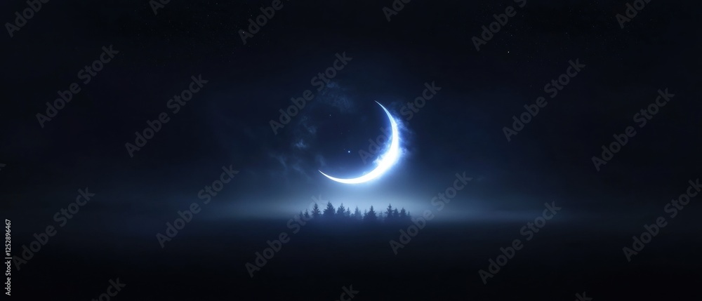 Poster night scene of a crescent moon in the sky. the moon is partially obscured by a thick layer of fog, c