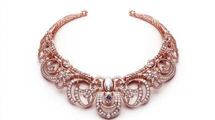 Rose gold diamond necklace; white background. Jewelry advertisement