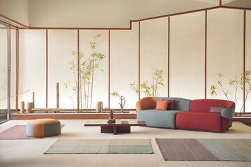Japandi living room interior with cozy beige couch, modern minimalist design of apartment, Interior design