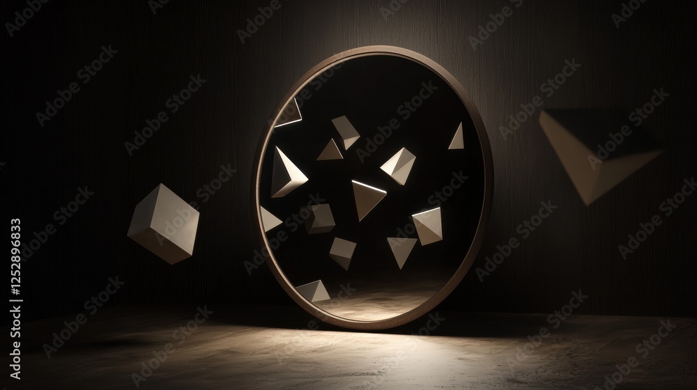 Poster 3d rendering of a round mirror in a dark room. the mirror is in the center of the image and is surro