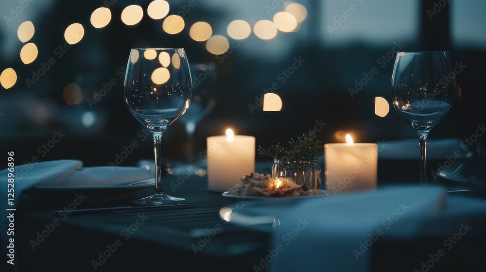 Poster table set up for a dinner party or event. the table is covered with a black tablecloth and has two w