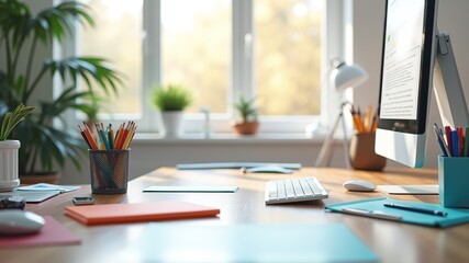 Fototapeta premium Modern Desk Workspace - Bright & Dynamic