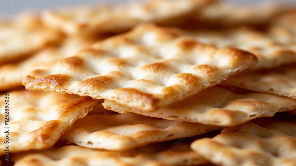 Poster close-up of a pile of crackers. the crackers are golden brown in color and appear to be freshly bake