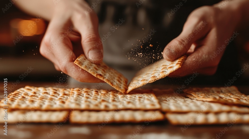 Poster pair of hands holding a cracker and sprinkling it over a pile of matzoh on a wooden table. the crack