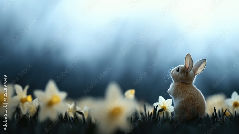 Poster digital illustration of a small rabbit sitting in a field of daffodils. the rabbit is facing towards