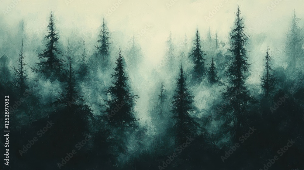 Poster majestic dark forest landscape with enigmatic fog and tall pine trees creating an atmospheric and my