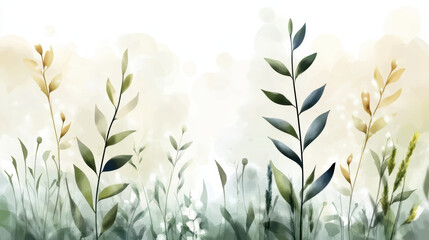 Morning dew glistens on delicate green leaves, blending softly into light, dreamy background. watercolor effect enhances serene and natural atmosphere, evoking peaceful, fresh morning