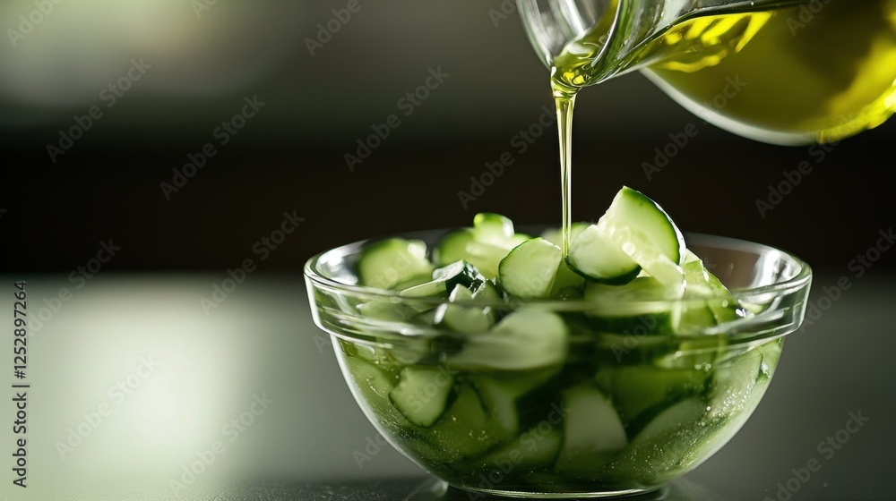 Poster glass bowl filled with sliced cucumbers. the cucumbers are cut into thin slices and are arranged in 