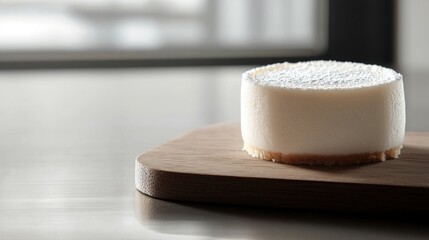 Round, white cake on a wooden cutting board. the cake appears to be a cheesecake or a dessert, with a smooth, creamy texture and a dusting of powdered sugar on top.