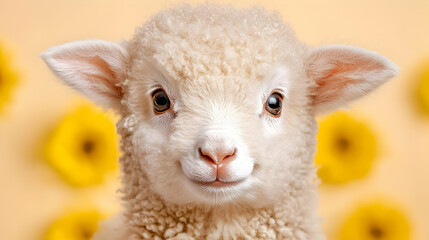Fototapeta premium Adorable lamb, spring flowers background, Easter card