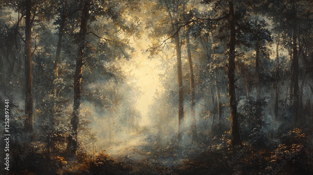 Poster enchanting forest at dawn with soft light filtering through trees and mist in a dreamy nature scene