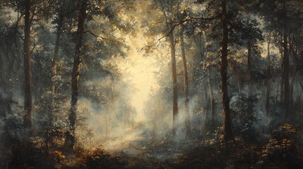 Naklejka premium Enchanting Forest at Dawn with Soft Light Filtering Through Trees and Mist in a Dreamy Nature Scene