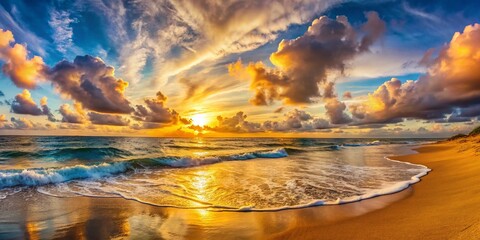 Breathtaking Panoramic Sunset Beachscape: Golden Hour Coastal Paradise