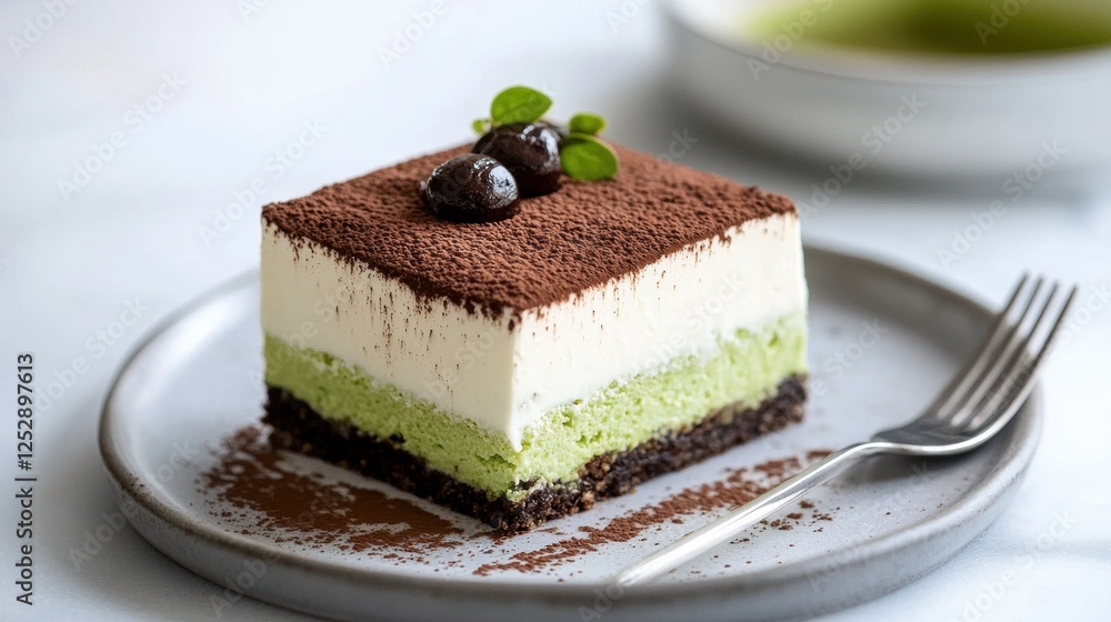 Aufkleber slice of dessert on a grey plate with a fork on the side. the dessert appears to be a layered cake w
