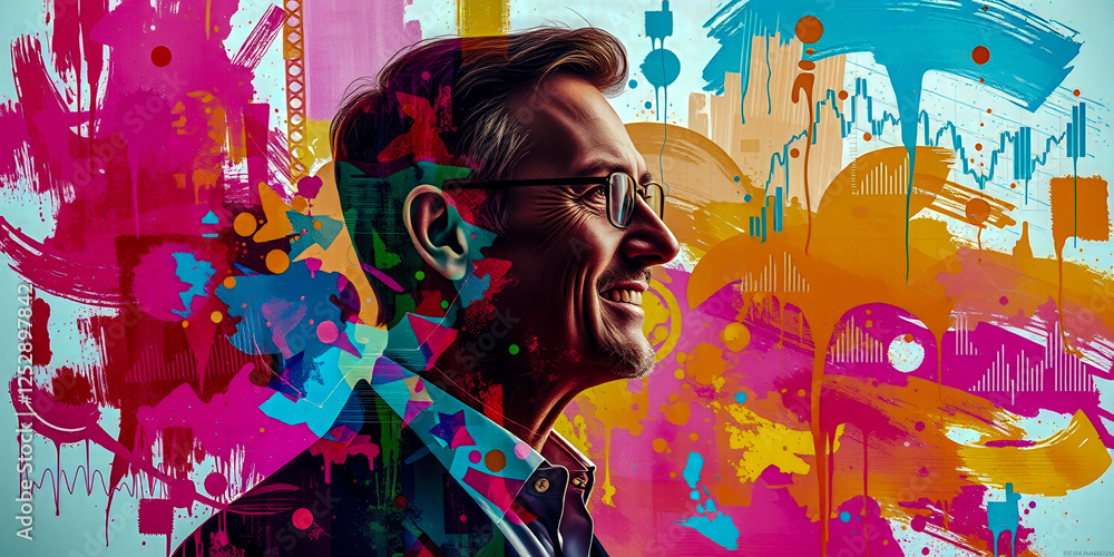 Poster a man with glasses is smiling in front of a colorful background. the image is a collage of different