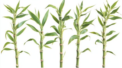 Fototapeta premium Fresh Green Bamboo Stems with Lush Leaves on White Background