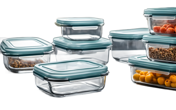 A set of neatly stacked glass food storage containers with airtight lids on a empty plain background