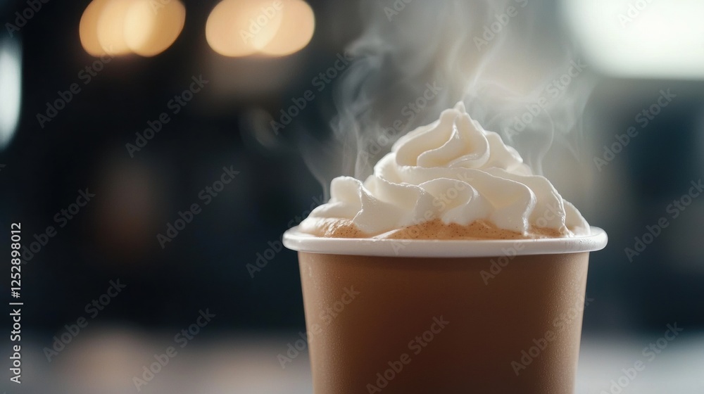 Poster close-up of a cup of coffee with a generous dollop of whipped cream on top. the cup is made of paper