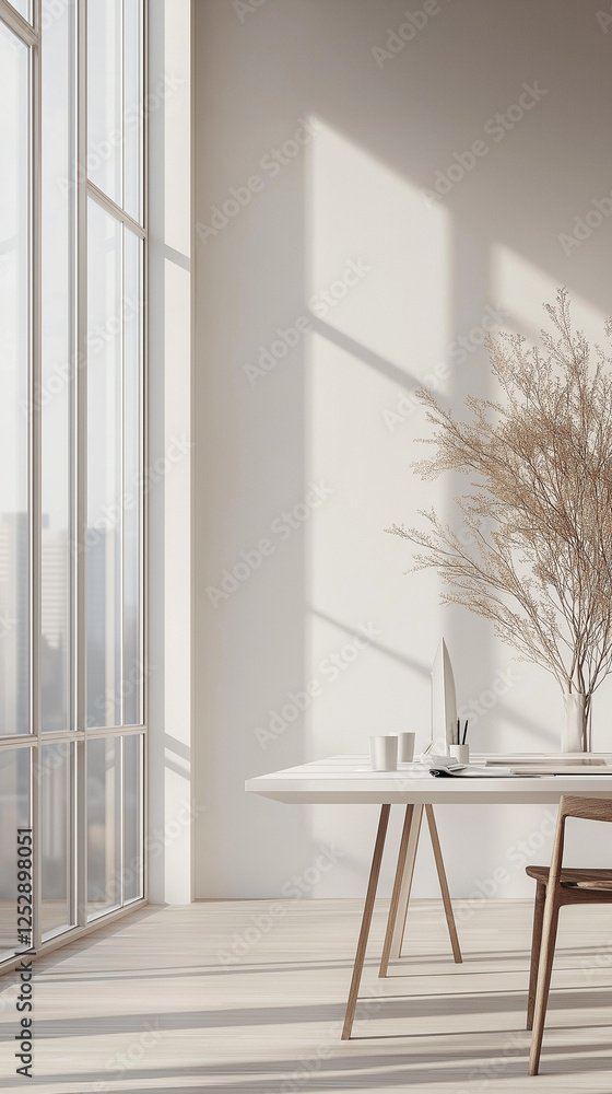 Poster create a realistic photograph of ok a minimalist workspace with scandinavian design elements, a whit