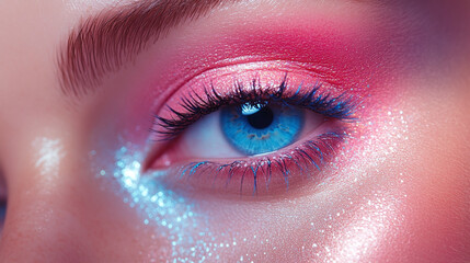 Clear shot of a woman's eye with pink and blue bright makeup