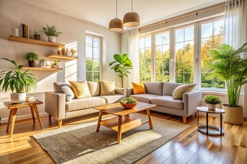 Bright Minimalist Living Room Panorama: Sunlight Streaming Through Large Window