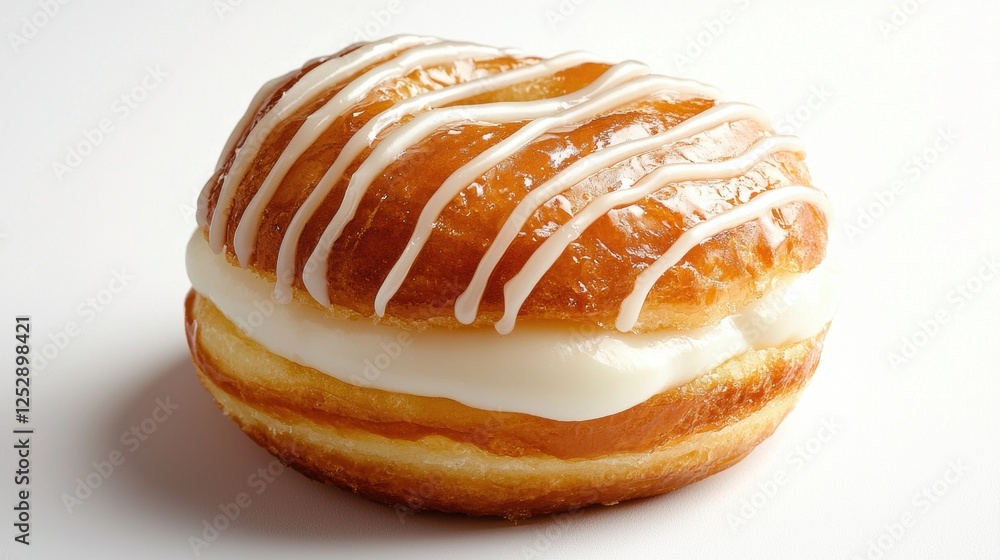 Poster close-up of a donut with a golden-brown glaze on top. the glaze is drizzled over the top of the donu