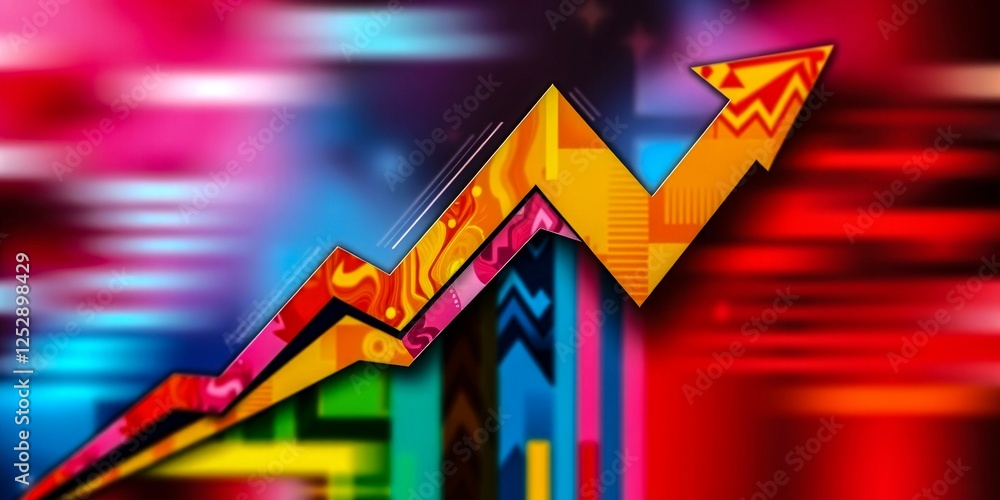 Poster a colorful graphic of a rainbow with a red arrow pointing upwards. concept of growth and progress, w